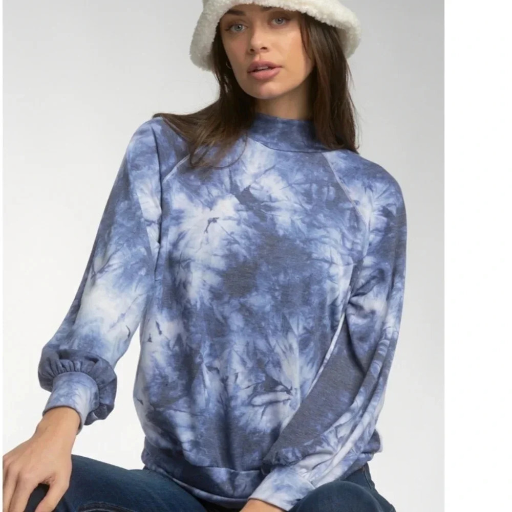 NWT Elan Blue Tie Dye Mock Neck Sweatshirt M